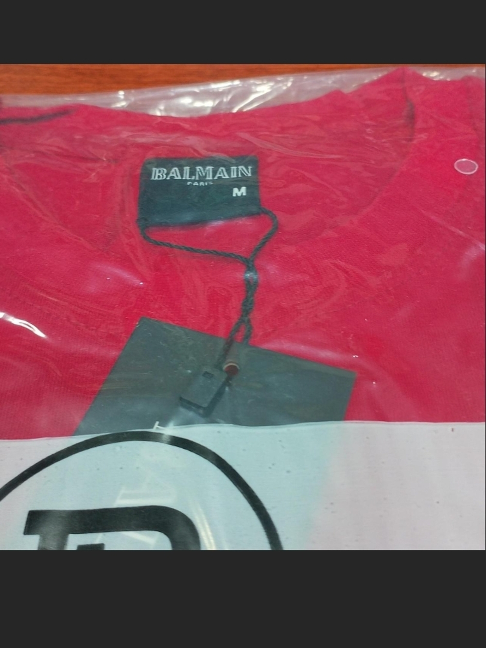 Balmain White Tee with Red and Gold Logo Emblem